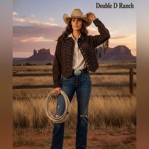 Vintage Denim Leather Fringe Embellished Jacket